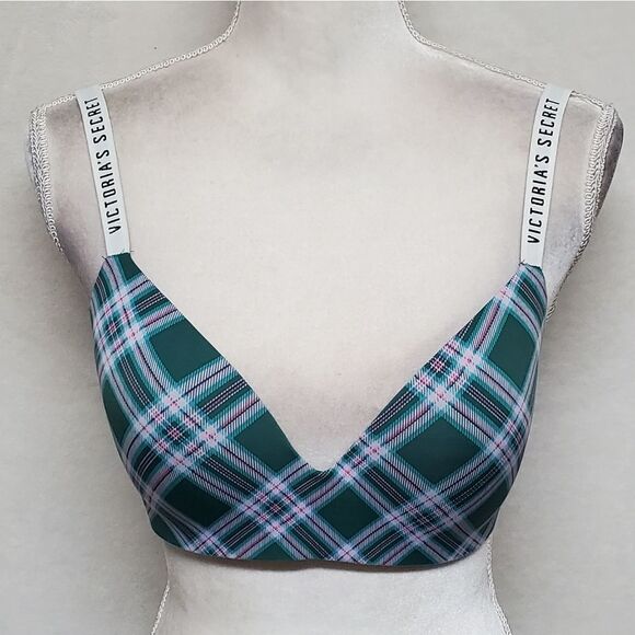 VICTORIA'S Secret Lightly Lined Wireless T-shirt Bra Green Pink Plaid Spell Out - Picture 2 of 12